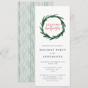 Seasons greetings stripe watercolor wreath holiday invitation