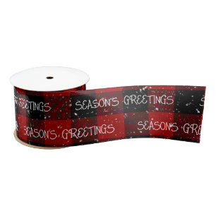 SEASON'S GREETINGS Text On Buffalo Plaid Satin Ribbon
