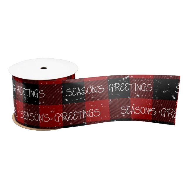 SEASON'S GREETINGS Text On Buffalo Plaid Satin Ribbon (Spool)