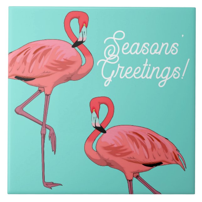 Seasons Greetings Tropical Flamingos Decorative Ceramic Tile (Front)