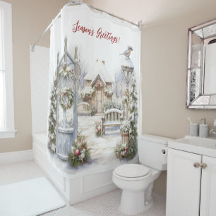 Season's Greetings Victorian Yard Christmas Scene Shower Curtain