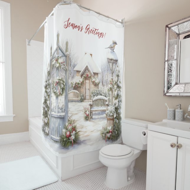 Season's Greetings Victorian Yard Christmas Scene Shower Curtain (In Situ)