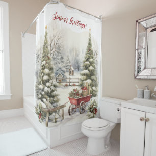 Season's Greetings Victorian Yard Christmas Scene Shower Curtain