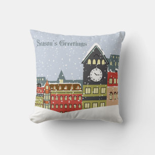 Season's Greetings Vintage Town Snow Scene Cushion