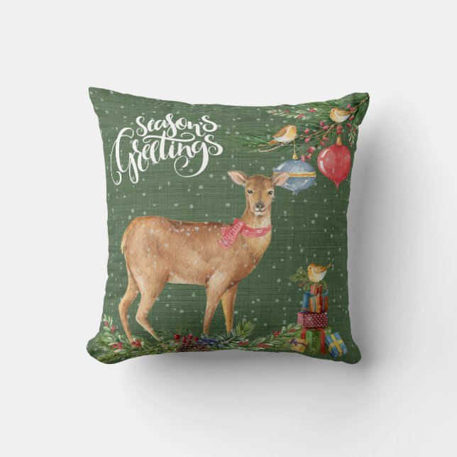 Seasons Greetings Watercolor Deer Winter Scene Cushion (Front)