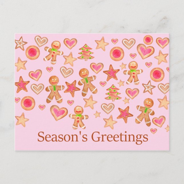 Season's Greetings watercolor gingerbread cookies Postcard (Front)