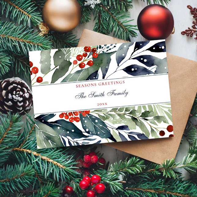 Seasons Greetings Watercolor Greenery Christmas Holiday Card (Creator Uploaded)