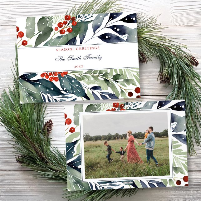 Seasons Greetings Watercolor Greenery Photo Holiday Card (Creator Uploaded)