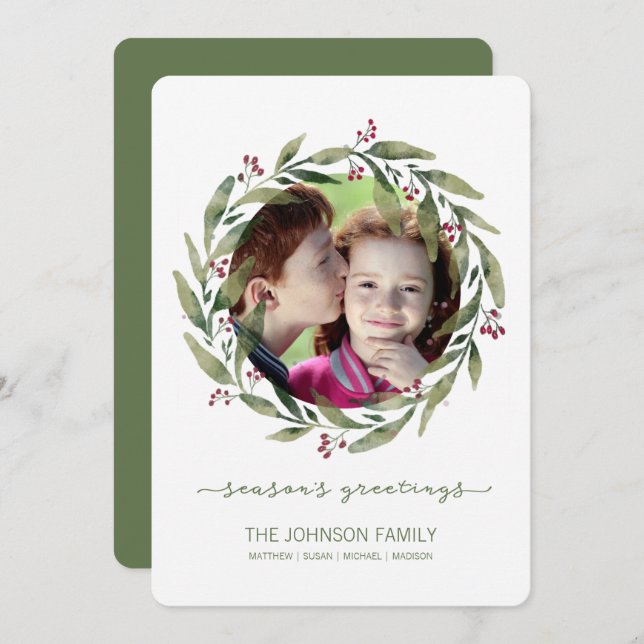 Seasons Greetings Watercolor Wreath Holiday (Front/Back)