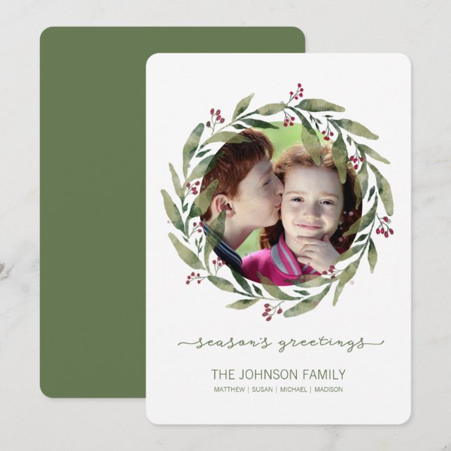 Seasons Greetings Watercolor Wreath Holiday Card (Front/Back)