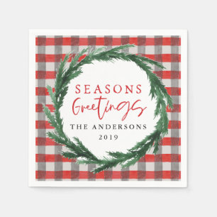 Seasons greetings watercolor wreath + tartan napkin