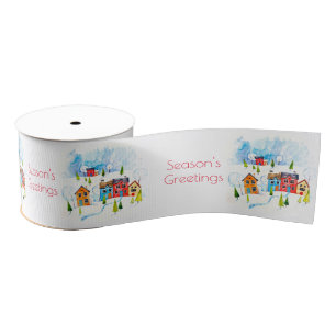 Season's Greetings watercolour snowy township Grosgrain Ribbon