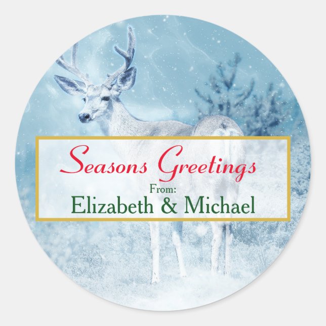 Seasons Greetings Winter Deer and Pine Trees Classic Round Sticker (Front)