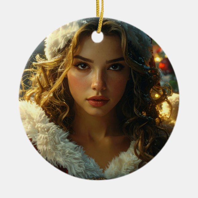 SEASON'S GREETINGS with Mrs. Santa Ceramic Ornament (Front)