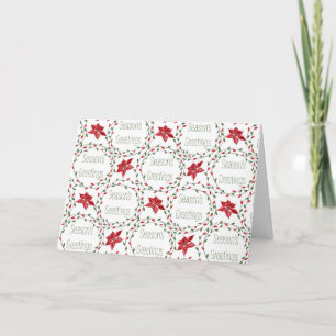 Season's Greetings wreath red green white Holiday Card