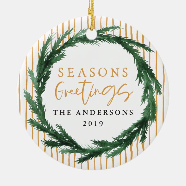 Seasons greetings wreath + stripe Christmas photo Ceramic Ornament (Back)