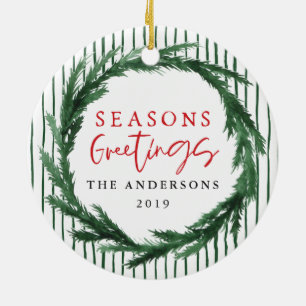 Seasons greetings wreath + stripe Christmas photo Ceramic Ornament