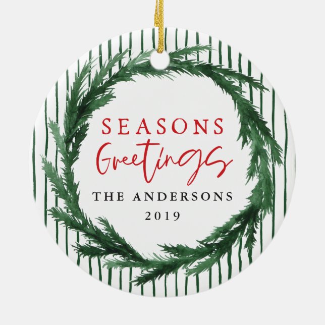 Seasons greetings wreath + stripe Christmas photo Ceramic Ornament (Back)