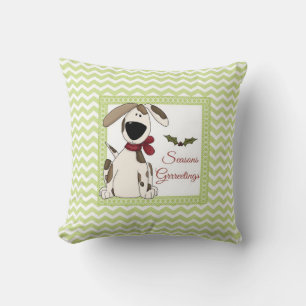 Seasons Grrreetings Dog w/green chevron background Cushion