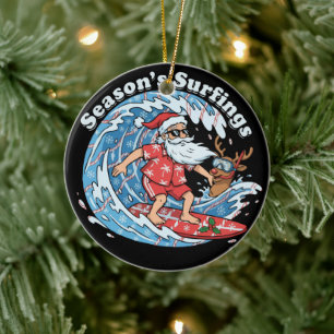 Season's Surfings Funny Surfing Santa Hawaiian Ceramic Ornament