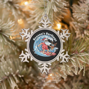 Season's Surfings Funny Surfing Santa Hawaiian Snowflake Pewter Christmas Ornament