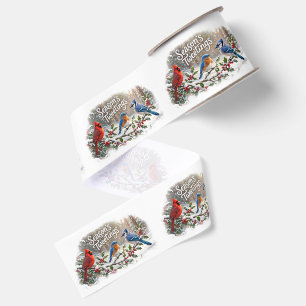 Season's Tweetings Colorful Birds on Snowy Holly Grosgrain Ribbon