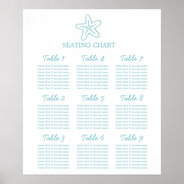 Seastar starfish Wedding Seating Table Planner 1-9 Poster (Front)