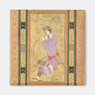 Seated girl curling her hair into ringlets, from t magnet