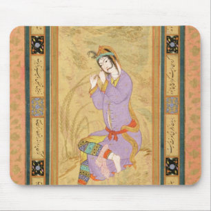 Seated girl curling her hair into ringlets, from t mouse pad