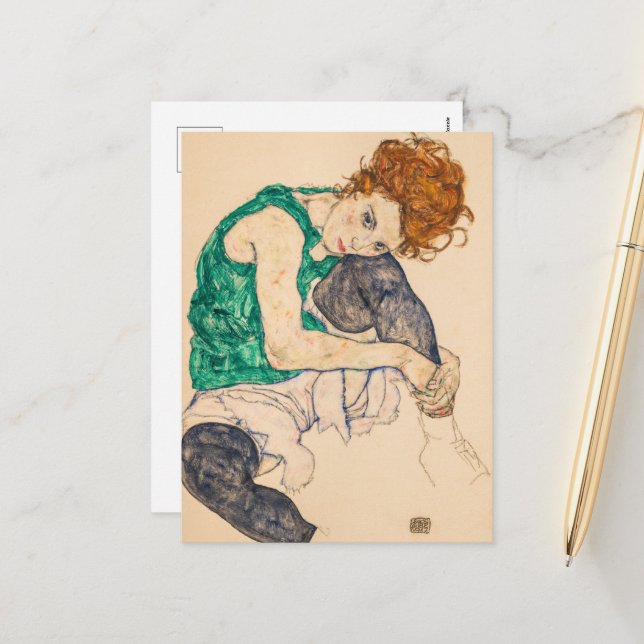 Seated Woman with Bent Knee by Egon Schiele Holiday Postcard (Front/Back In Situ)