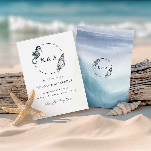 SEATERNAL Ocean Waves Nautical Monogram Wedding Invitation (Creator Uploaded)