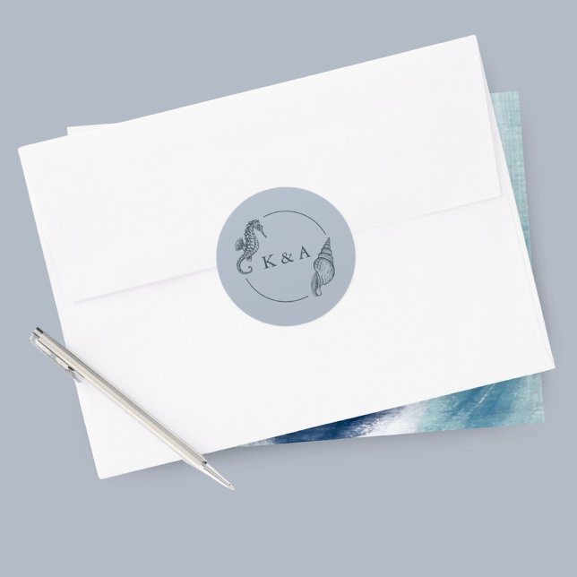 SEATERNAL Seahorse & Sea Shell Wedding Monogram Classic Round Sticker (Creator Uploaded)