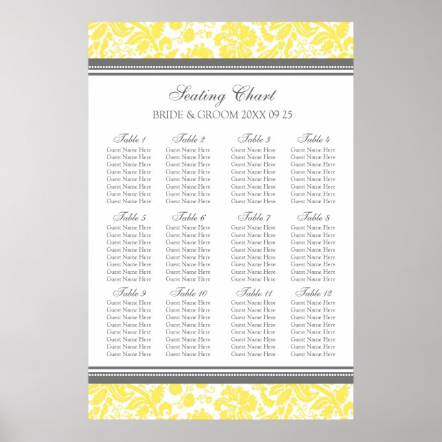 Seating Chart 12 Tables 96 Guest Yellow Damask (Front)