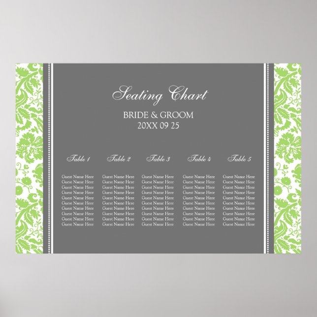 Seating Chart 5 Tables Grey Lime Damask (Front)