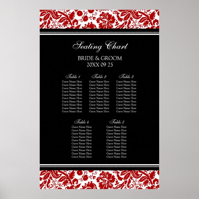 Seating Chart 5 Tables Red Black Damask (Front)