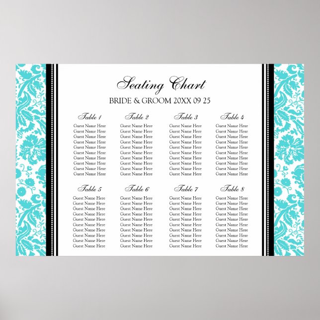 Seating Chart 8 Tables Black Aqua Damask (Front)