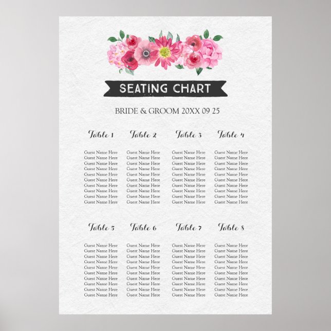 Seating Chart 8 Tables Chalkboard Pink Watercolor (Front)