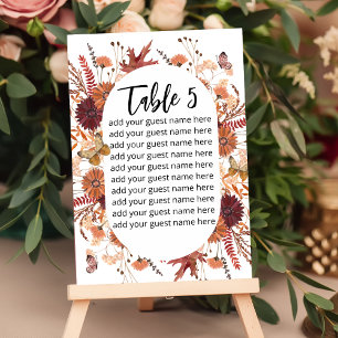 Seating Chart Boho fall rust burgundy mauve Table Number