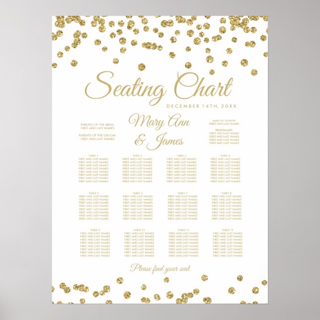 Seating Chart Gold Faux Glitter Confetti White (Front)