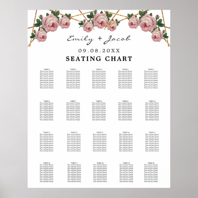 Seating Chart Gold Geometric Pink Floral Wed 200 (Front)