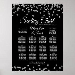 Seating Chart Silver Faux Glitter Confetti Black