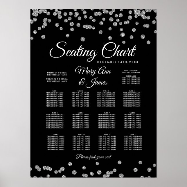 Seating Chart Silver Faux Glitter Confetti Black (Front)