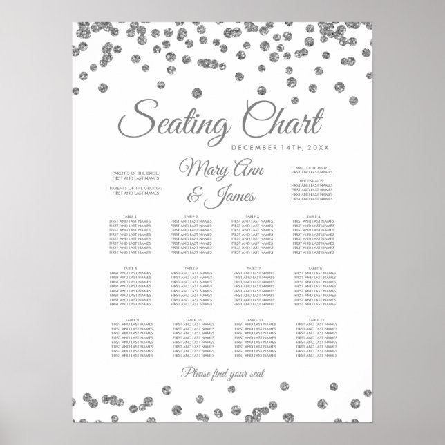 Seating Chart Silver Faux Glitter Confetti White (Front)