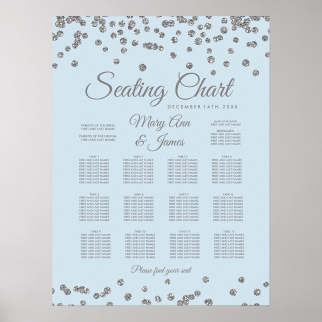 Seating Chart Silver Glitter Confetti Ice Blue (Front)