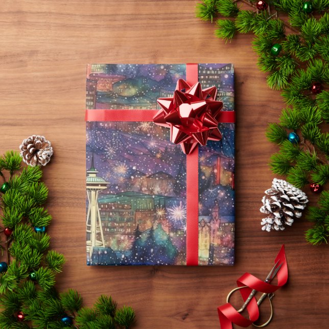 Seattle at Christmas & New Year in Watercolors Wrapping Paper (Holiday Gift)