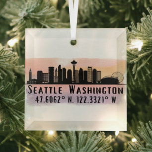 Seattle City Skyline Latitude and Longitude  Glass Tree Decoration