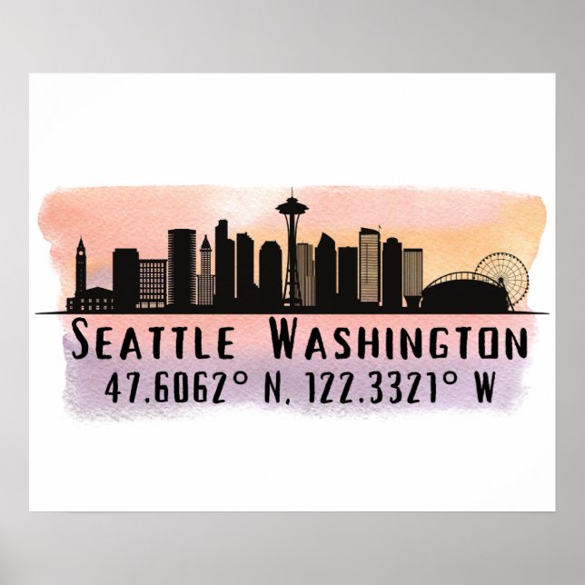 Seattle City Skyline Latitude and Longitude Print (Front)