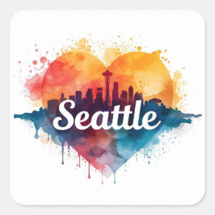 Seattle City watercolor Skyline Square Sticker