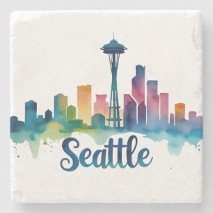 Seattle City watercolor Skyline Stone Coaster