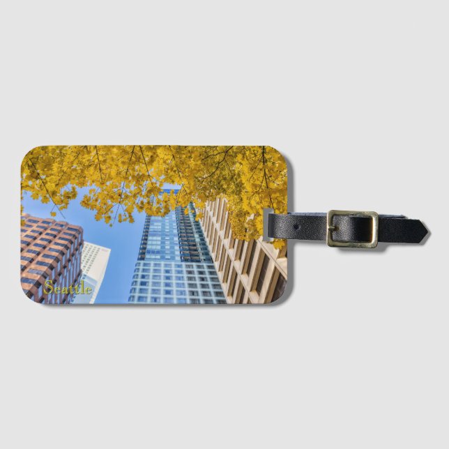 Seattle Cityscape Skyline and Autumn Tree Luggage Tag (Front Horizontal)
